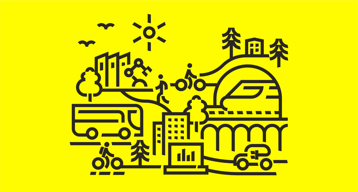 Illustration verschiedener Verkehrsmittel, die Beschäftigte zur Arbeit bringen.