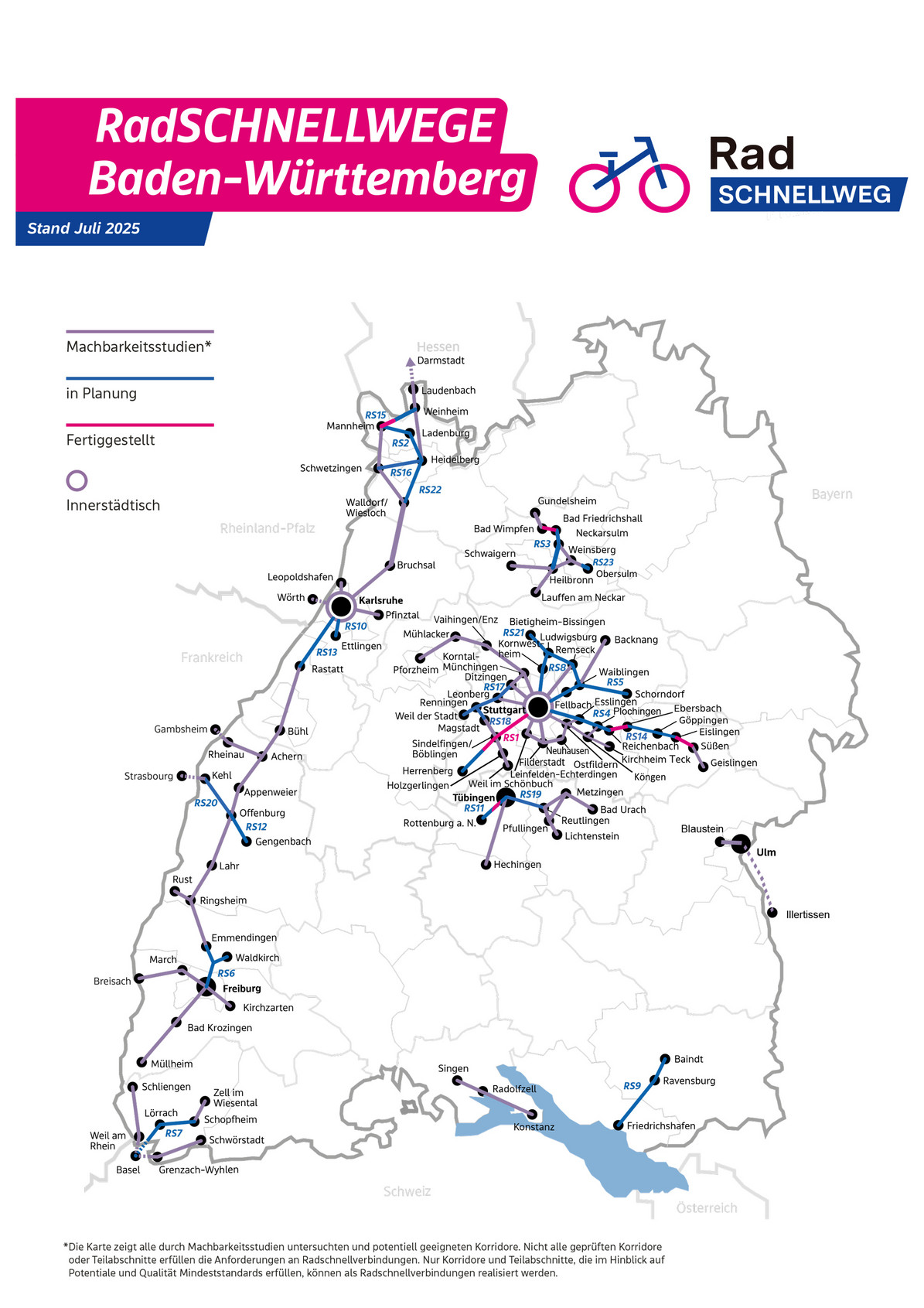 Karte von Baden-Württemberg mit verschiedenen Radschnellverbindungen im Land.