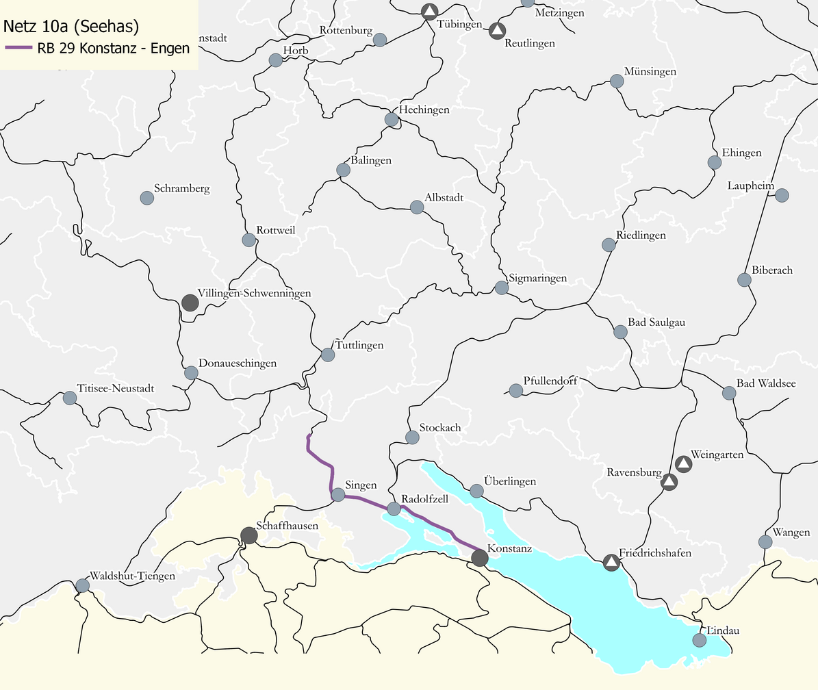 Karte des Netzes 10a: Seehas. Eingezeichnet ist die Verbindung RB 29 Konstanz - Engen.