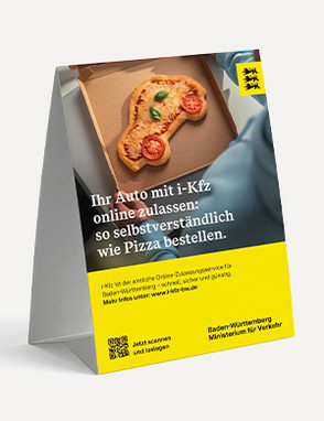 Abbildung f&uuml;r Tischaufsteller A5 f&uuml;r die i-Kfz online Zulassung mit Pizza Motiv