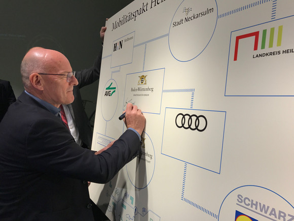 Verkehrsminister Winfried Hermann unterschreibt auf einem Plakat
