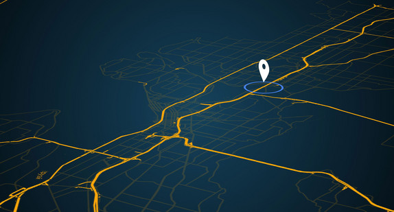 Digitale Abbildung eines Straßennetzes mit einer markierten Navigationsroute.