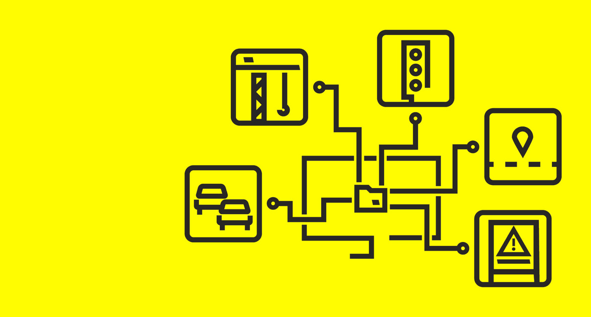 Illustration eines Softwaresystems. Ampeln, Baustellen und Autos sind mit einem Computer vernetzt.