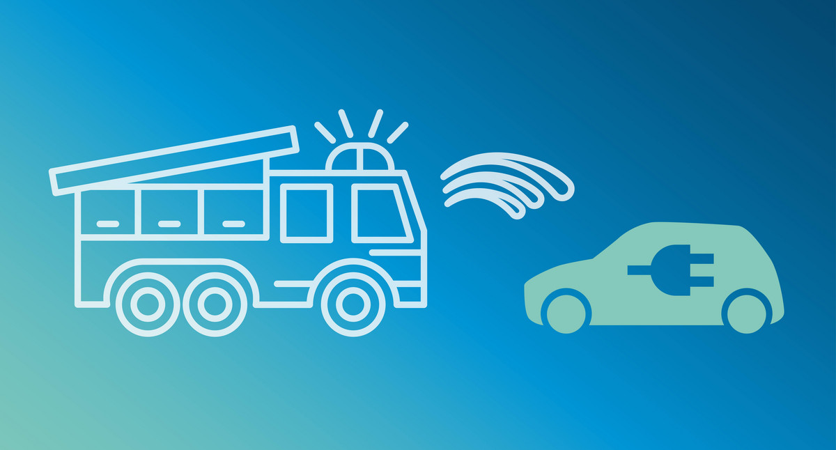 Icon Feuerwehrauto löscht E-Auto