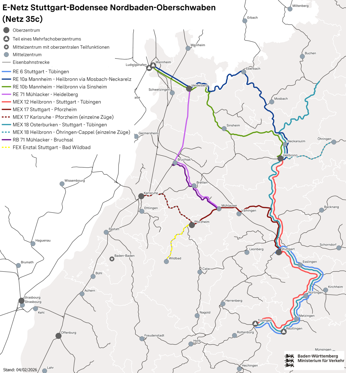 Baden-Württemberg Karte. Zuglinien führen von Stuttgart nach Reutlingen und Tübingen. Weitere Verbindungen in den Norden nach Heilbronn, Heidelberg und Mannheim. Auch nach Mühlacker, Bruchsal und Karlsruhe führen Bahnlinien.