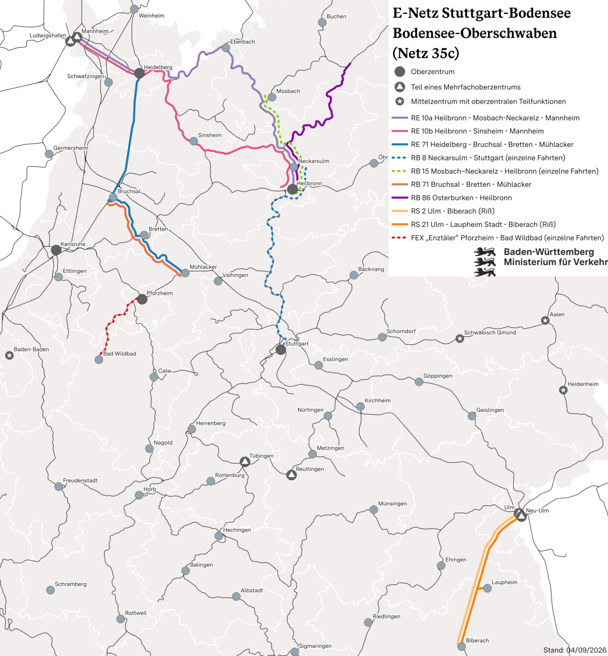 Baden-Württemberg Karte. Zuglinien führen von Stuttgart nach Reutlingen und Tübingen. Weitere Verbindungen in den Norden nach Heilbronn, Heidelberg und Mannheim. Auch nach Mühlacker, Bruchsal und Karlsruhe führen Bahnlinien.