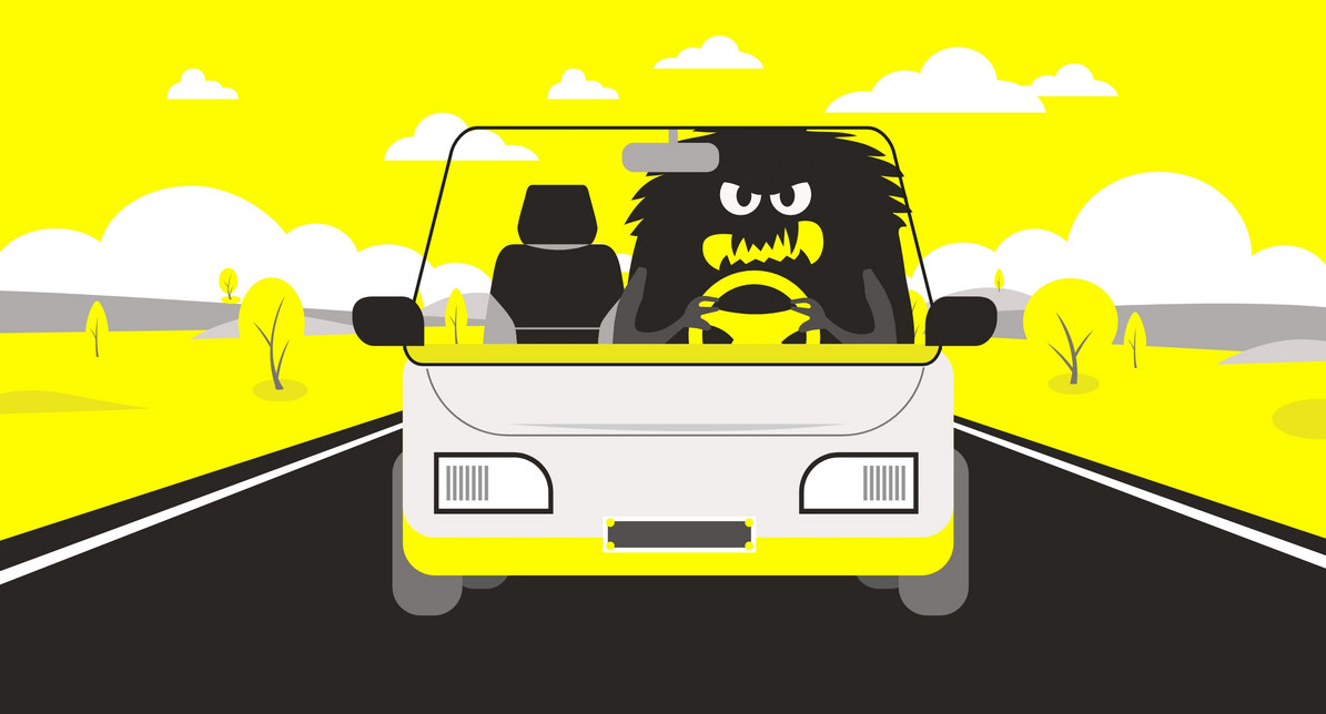 Illustration: Das Landstraßen-Monster fährt grimmig schauend mit dem Auto über eine Landstraße.