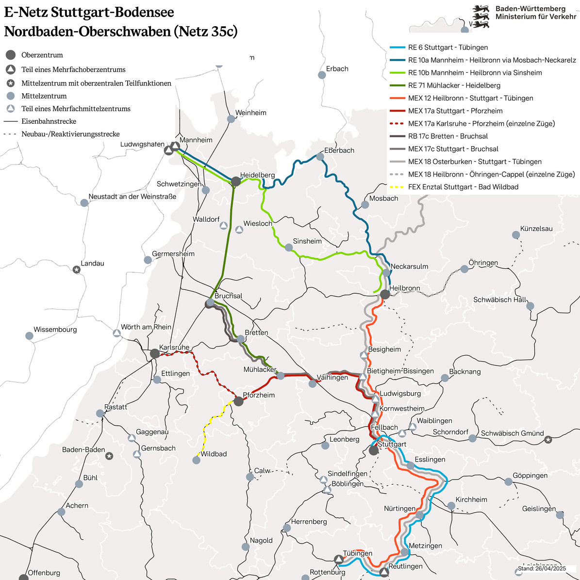Baden-Württemberg Karte. Zuglinien führen von Stuttgart nach Reutlingen und Tübingen. Weitere Verbindungen in den Norden nach Heilbronn, Heidelberg und Mannheim. Auch nach Mühlacker, Bruchsal und Karlsruhe führen Bahnlinien.