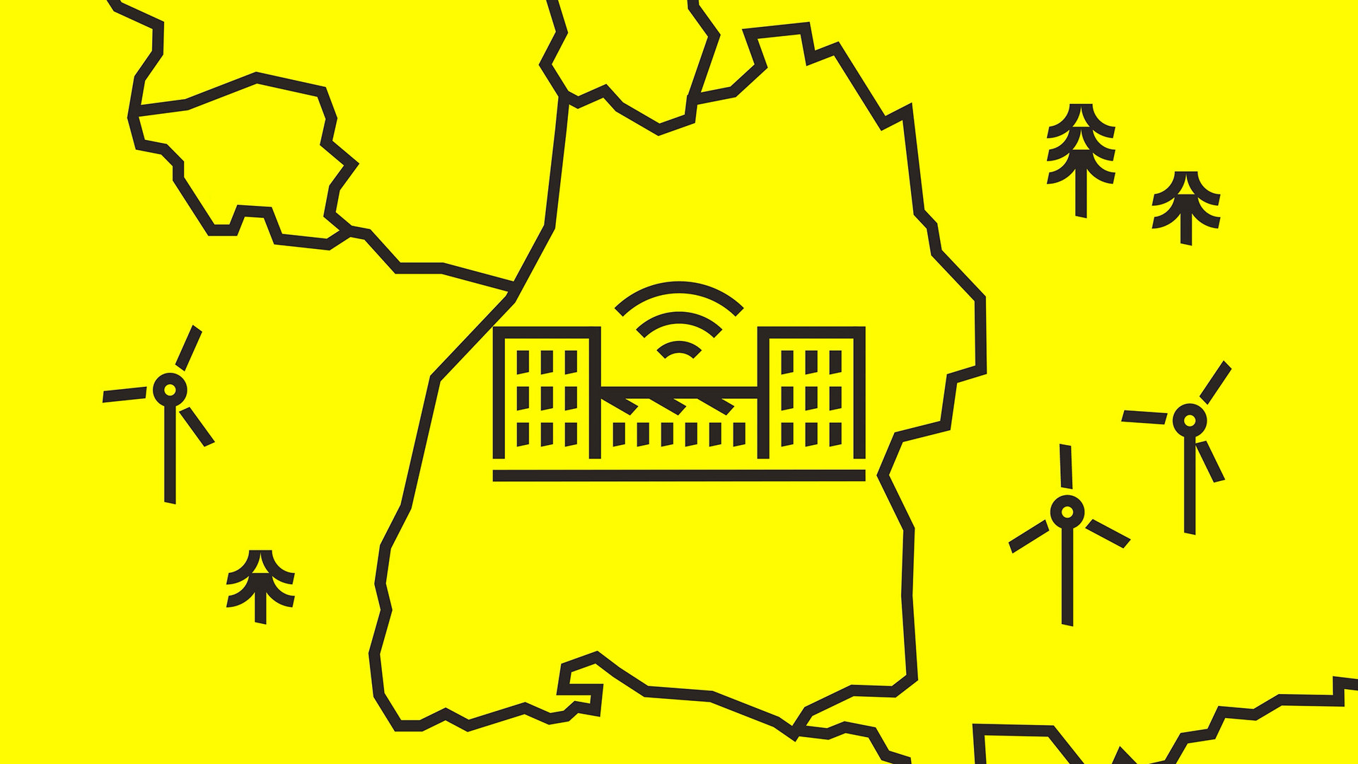 Illustration. Baden-Württemberg-Karte. In der Mitte ein großes mehrstöckiges Gebäude mit Wlan.
