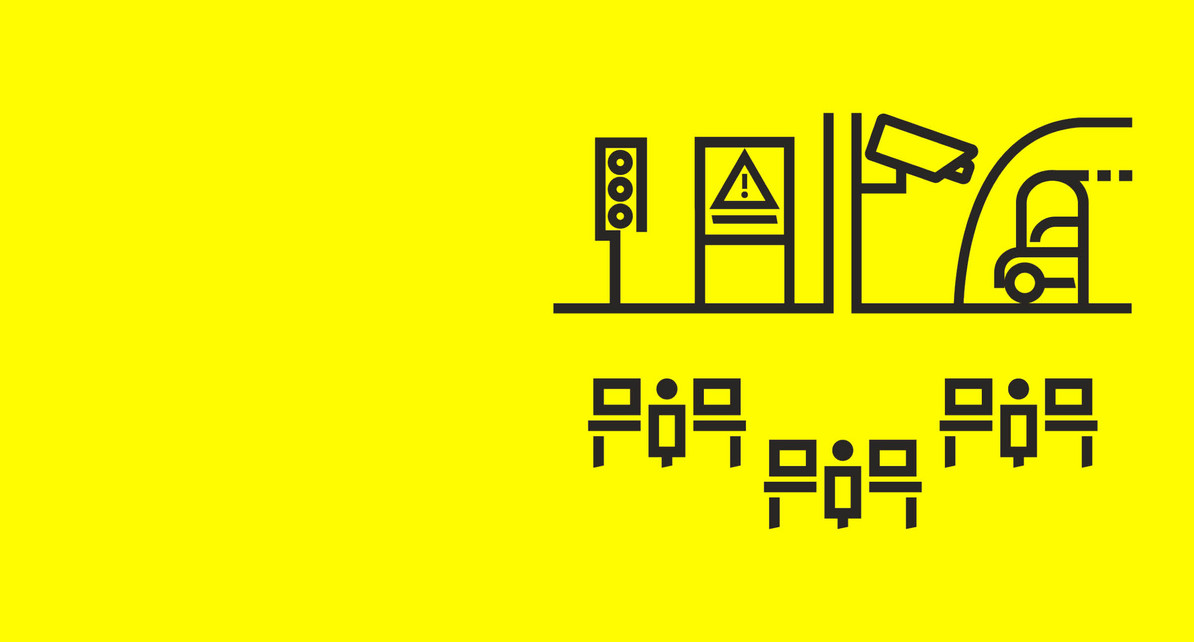 Illustration einer Verkehrsmanagementzentrale mit Icons. Bildschirme und Kameras &uuml;berwachen einen Tunnel und Ampeln.