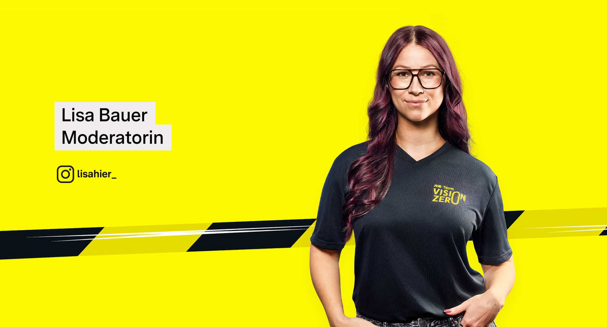 Porträtfoto von Moderatorin Lisa Bauer im Team Vision Zero-Shirt.