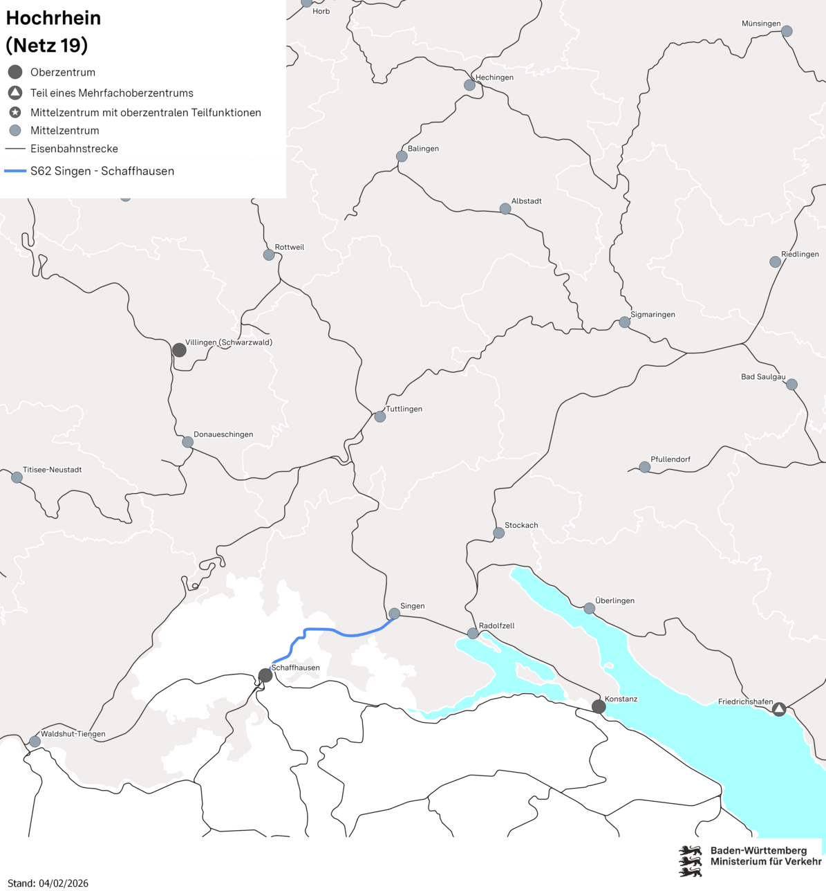 Karte des Netzes 19: Hochrhein. Eingezeichnet ist die Linie S62 Singen – Schaffhausen. 