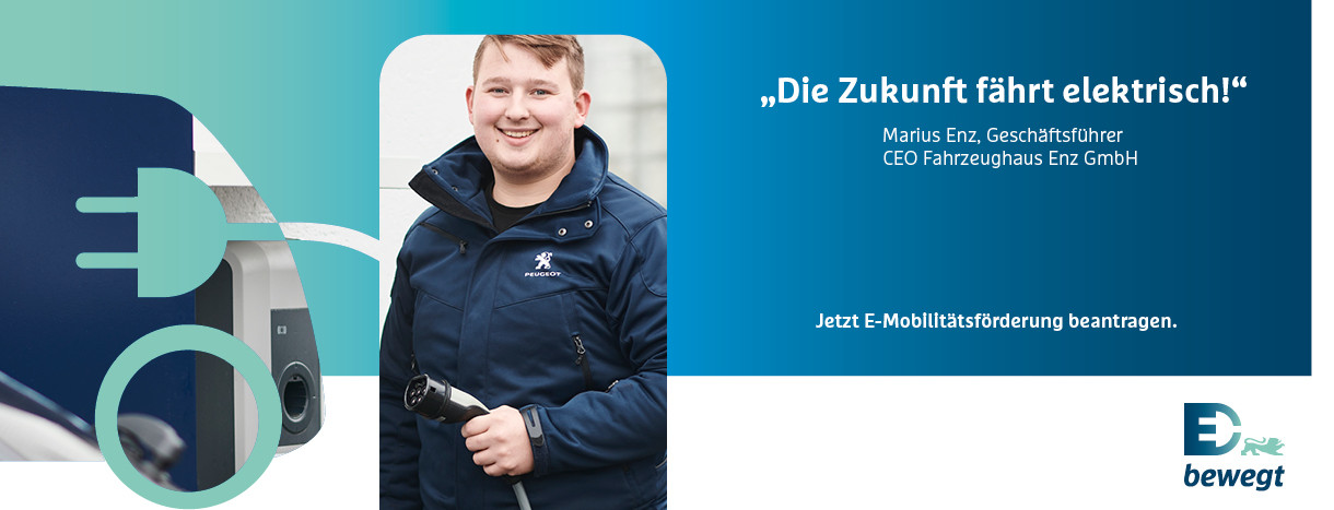 Testimonial mit Zitat: 'Die Zukunft fährt elektrisch!', Marius Enz, Geschäftsführer CEO Fahrzeughaus Enz GmbH