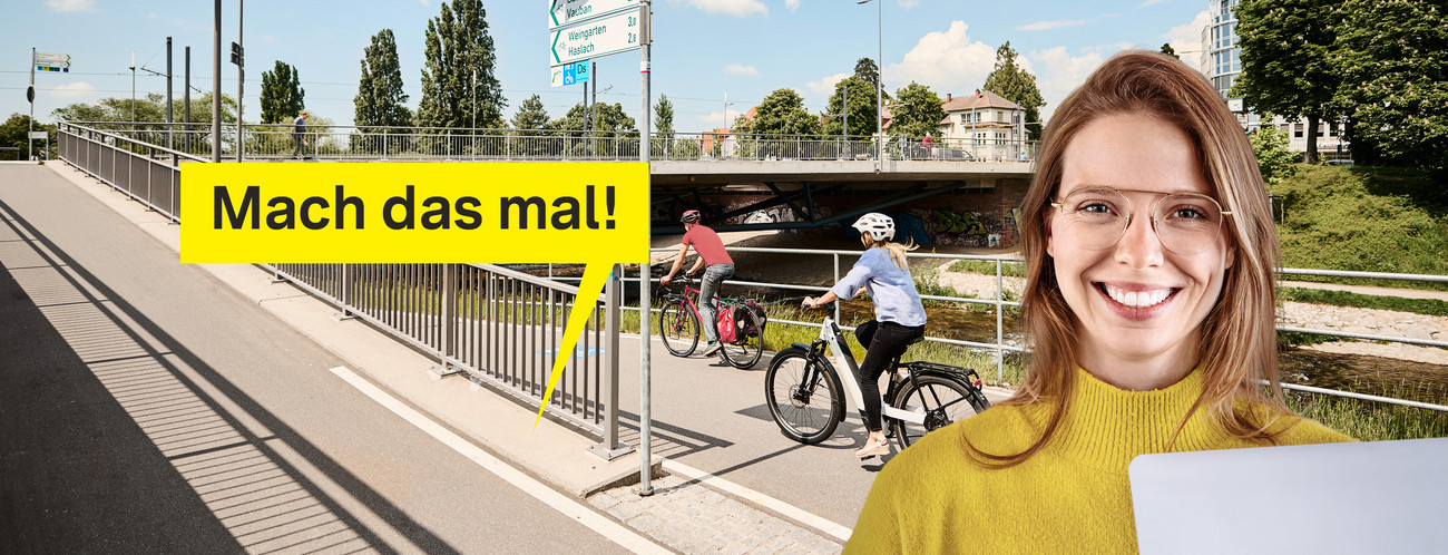 Headerbild für die Fachkräftekampagne "Mach das mal": Eine Verkehrsplanerin vor einer Fahrradbrücke