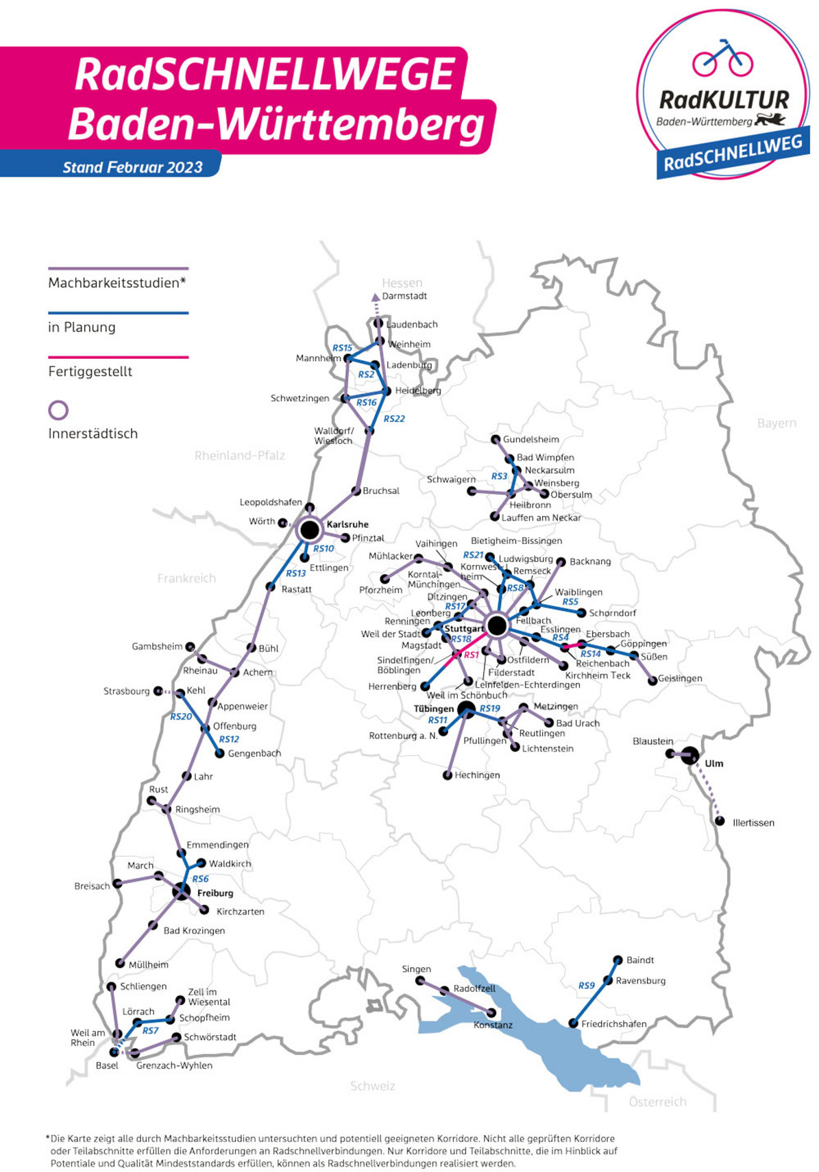 Karte von Baden-Württemberg mit verschiedenen Radschnellverbindungen im Land.