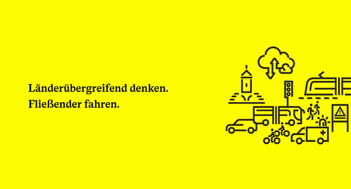 Verschiedene Icons illustrieren eine Stadtszene. Es fahren Autos, Fahrräder, Busse und Bahnen.