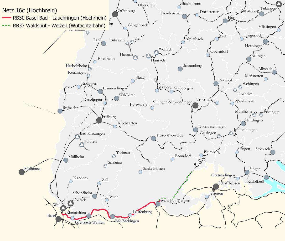 Karte des Netzes 16c: Hochrhein. Eingezeichnet sind die Linien RB 30 Basel – Lauchringen und RB 37 Waldshut – Weizen.