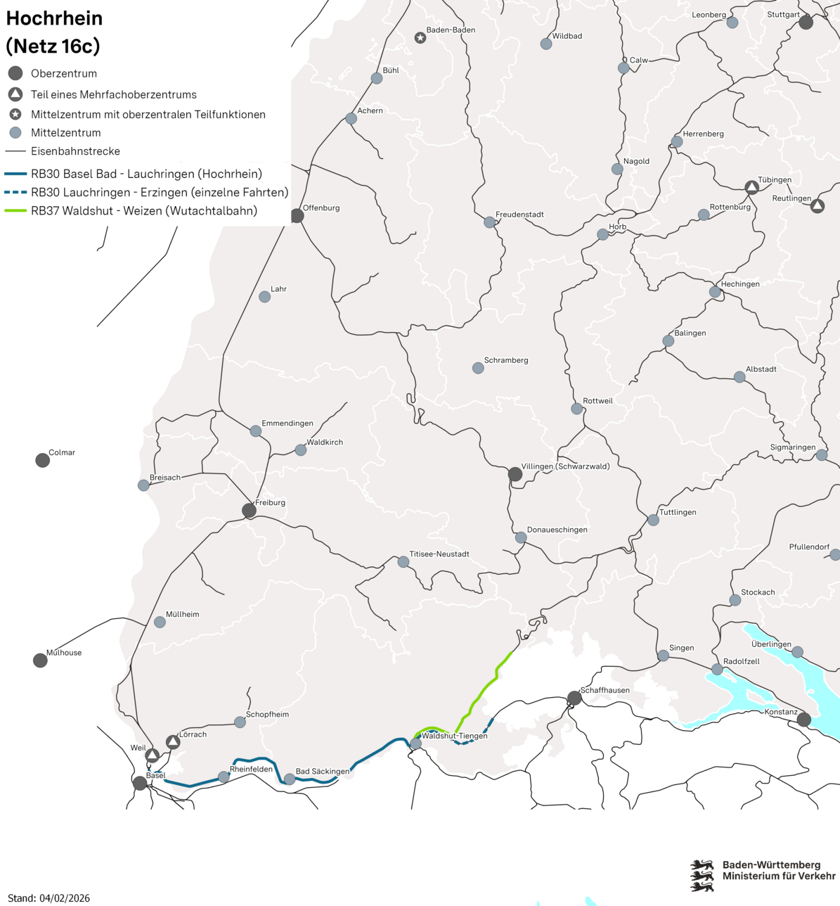 Karte des Netzes 16c: Hochrhein. Eingezeichnet sind die Linien RB 30 Basel – Lauchringen und RB 37 Waldshut – Weizen.