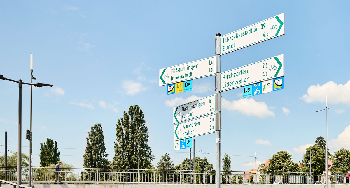 Wegweiser zeigt Richtung von Radwegen an. 
