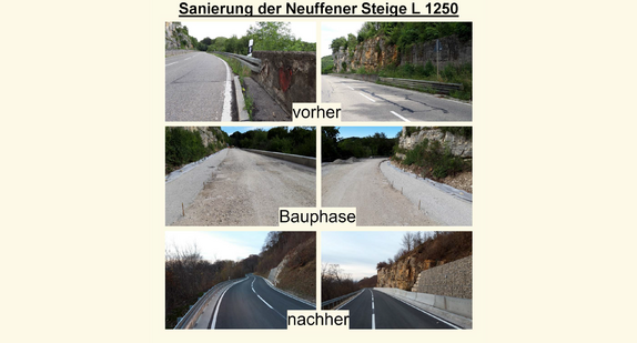 Fotos der Neuffener Steige im Vergleich: Vor der Sanierung, während der Bauphase und nach der Sanierung.