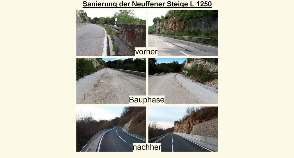 Fotos der Neuffener Steige im Vergleich: Vor der Sanierung, während der Bauphase und nach der Sanierung.