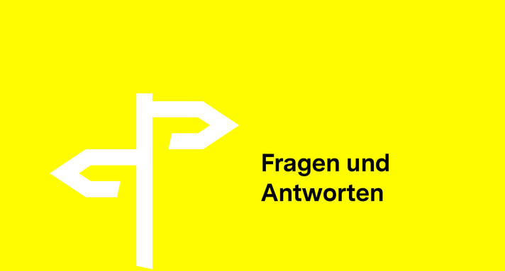 Symbolisierte Straßenschilder auf gelbem Hintergrund. Text: Fragen und Antworten.