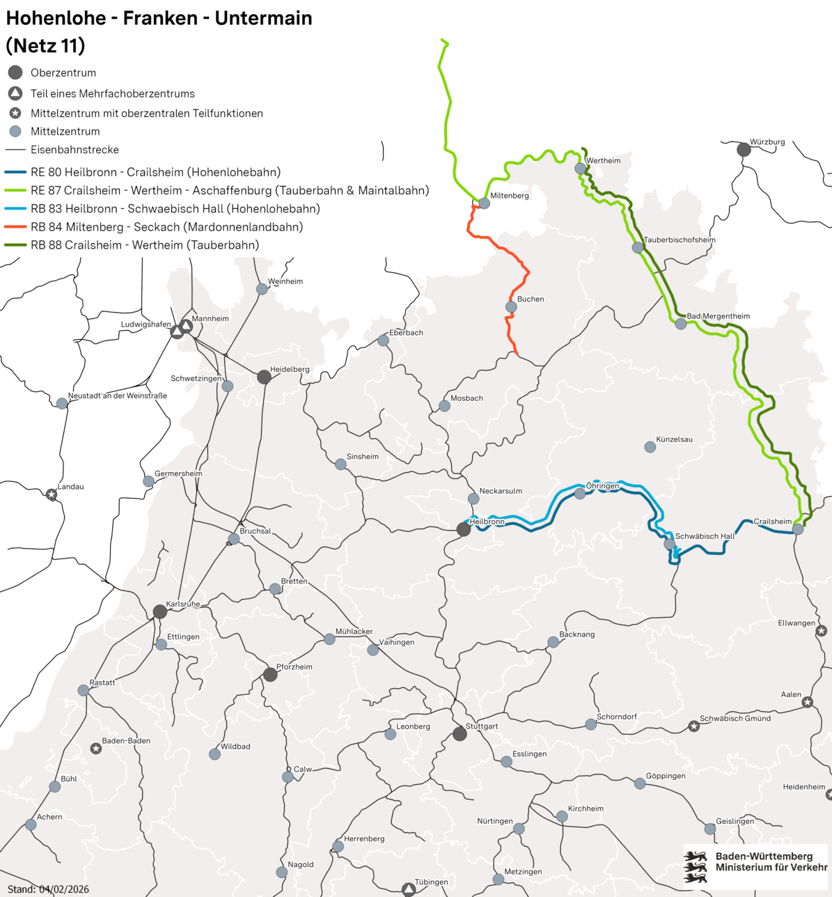 Karte des Netzes 11: Hohenlohe – Franken – Untermain. In der Karte sind die Verbindungen RE 80, RE 87, RB 83, RB 84, RB 88 eingezeichnet.