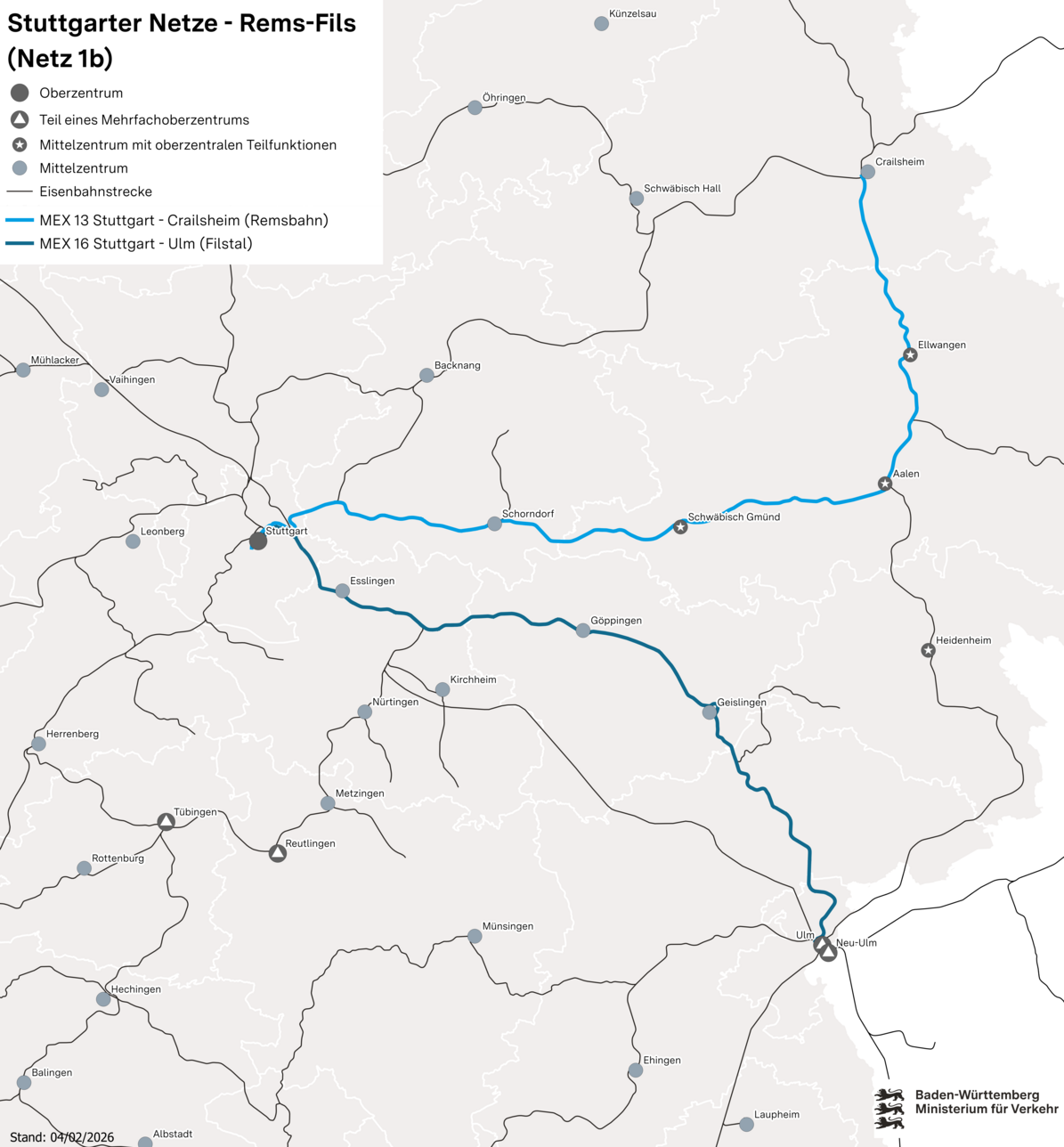 Baden-Württemberg Karte mit Bahnlinien des Stuttgart netzes Rems-Filz in Richtung Stuttgart, Ulm und Crailsheim.
