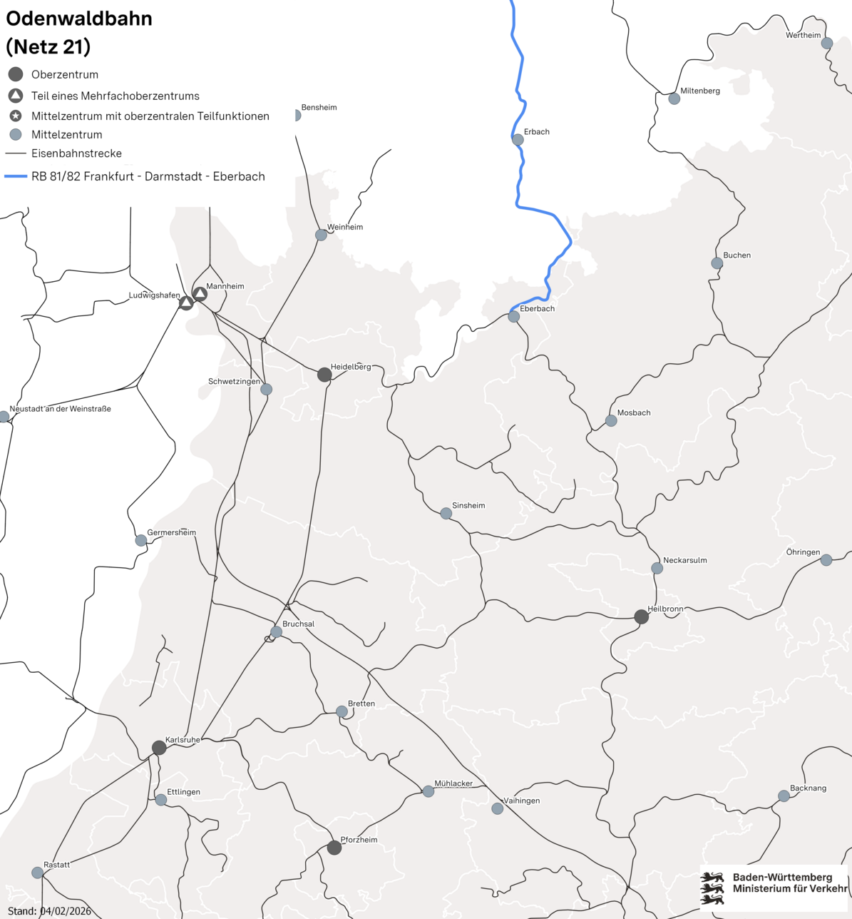 Karte von der Grenze von Baden-Württemberg. Eine Bahnstrecke führt von Eberbach in Richtung Frankfurt.