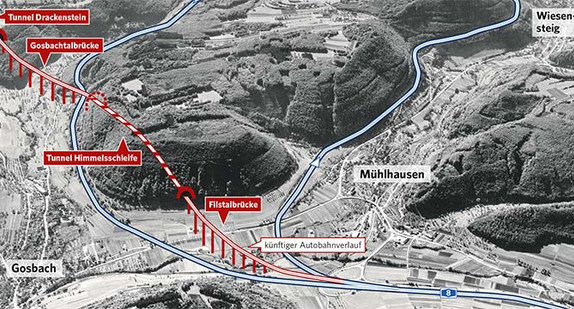 Graphik des künftigen und jetztigen Autobahnverlauf auf der A8/ Albaufstieg (Quelle: Stuttgarter Zeitung)