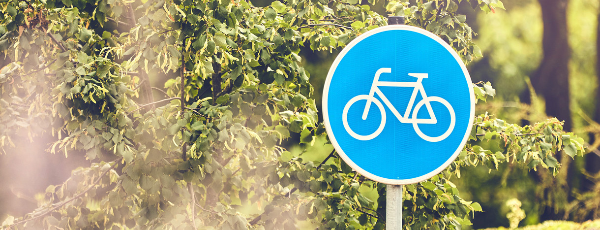 Ein blaues, rundes Schild mit einem Fahrrad als Symbol, welches Sonderwege für Radfahrende kennzeichnet. Im Hintergrund sind Baumkronen.