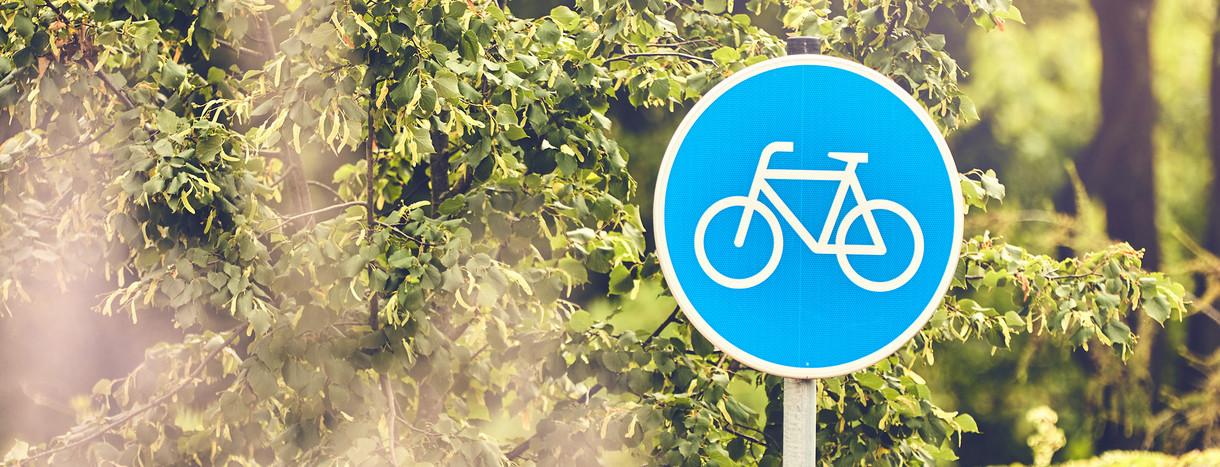 Ein blaues, rundes Schild mit einem Fahrrad als Symbol, welches Sonderwege für Radfahrende kennzeichnet. Im Hintergrund sind Baumkronen.