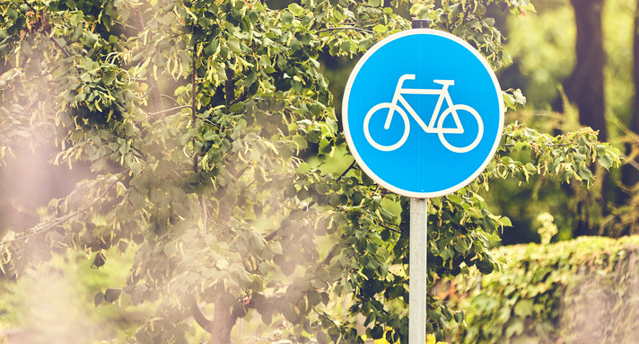 Ein blaues, rundes Schild mit einem Fahrrad als Symbol, welches Sonderwege für Radfahrende kennzeichnet. Im Hintergrund sind Baumkronen.