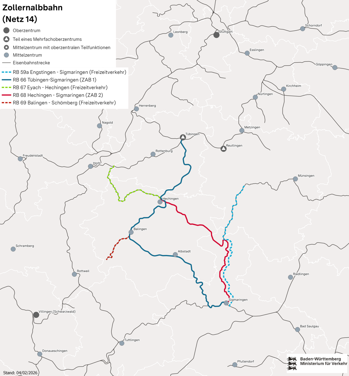 Karte des Netzes 14: Zollernalbbahn. Eingezeichnet sind die Linien, RB 59a Engstingen – Sigmaringen, RB 66 Tübingen – Sigmaringen (ZAB 1), RB 67 Eyach – Hechingen, RB 69 Balingen – Schömberg (Freizeitverkehr), Hechingen – Sigmaringen (Freizeitverkehr), RB 68 Hechingen – Sigmaringen (ZAB 2).