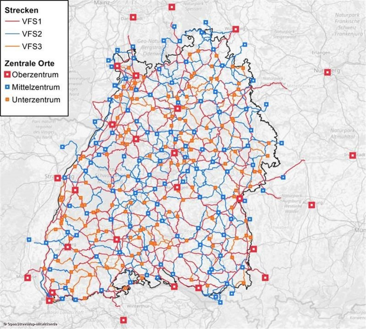 Darstellung des Bedarfsplans der Radwege an Bundes- und Landesstraßen anhand einer Karte von Baden-Württemberg