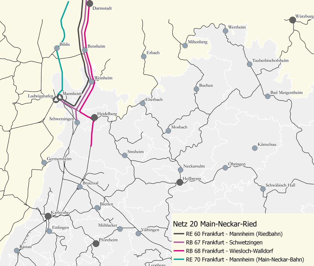 Karte des Netzes 20: Main-Neckar-Ried. Eingezeichnet sind die Linien RB 67 Frankfurt – Neu-Endingen/Friedrichsfeld – Schwetzingen, RB 68 Frankfurt – Neu-Endingen/Friedrichsfeld – Wiesloch-Walldorf RE 60, Frankfurt – Darmstadt – Mannheim, RE 70 Frankfurt – Biblis – Mannheim.