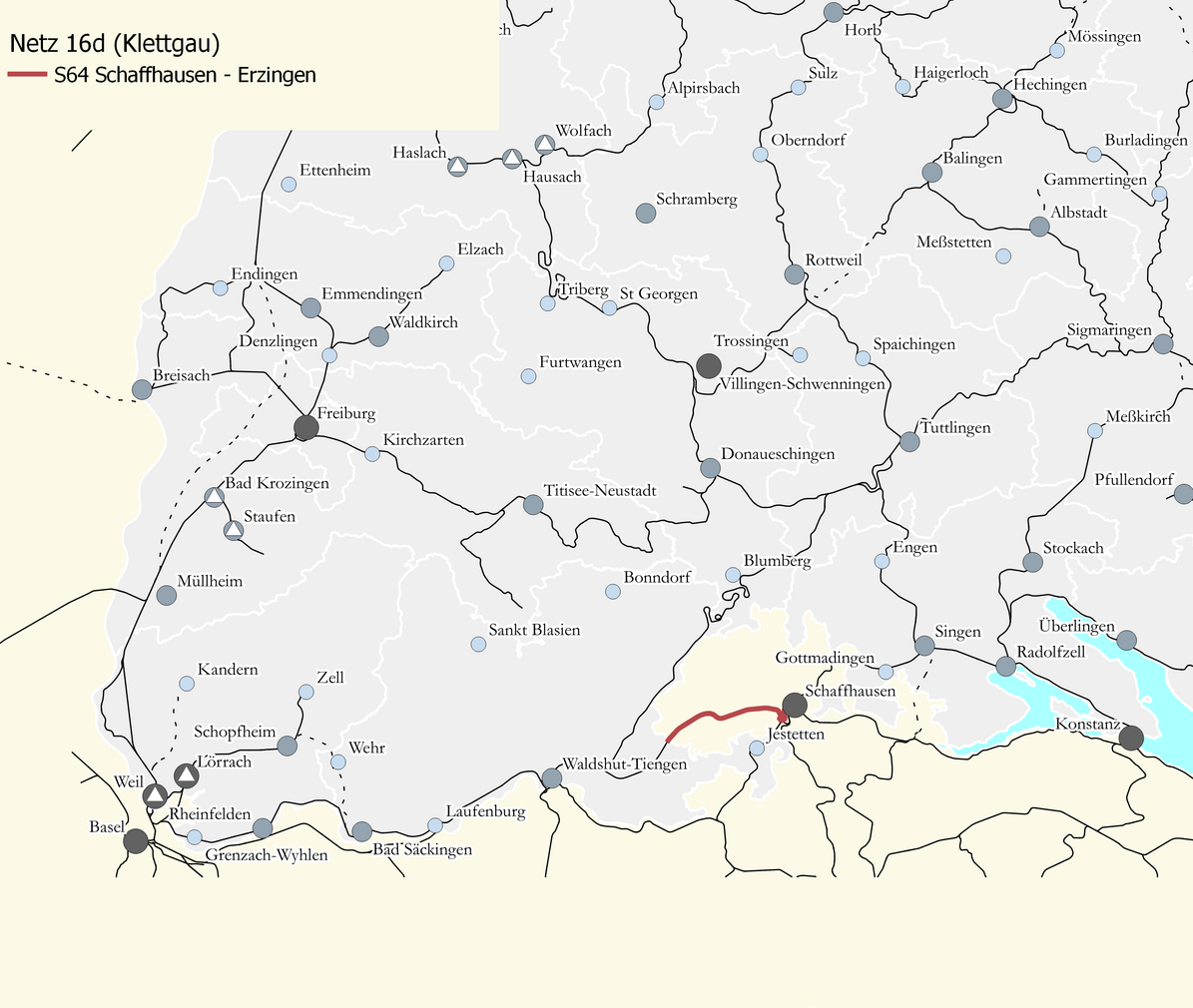 Karte des Netzes 16d. Eingezeichnet ist die Linie S64 Erzingen (Baden) – Schaffhausen.