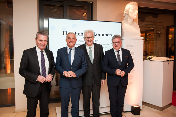 Europa Neujahrsempfang in der Landesvertretung in Brüssel v.l.n.r.: EU-Kommissar Günther Oettinger, Innenminister Thomas Strobl, Ministerpräsident Winfried Kretschmann und der Minister der Justiz und für Europa, Guido Wolf (Bild: © Vertretung des Landes Baden-Württemberg bei der Europäischen Union/FKPH)