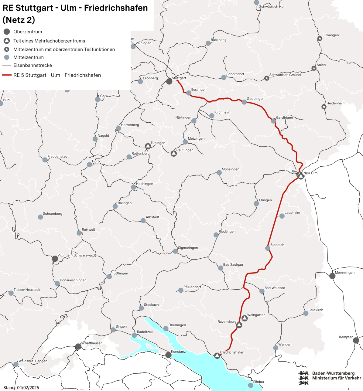 Karte die das Netz 2 zeigt. Auf der Karte ist die Verbindung RE5 Stuttgart - Ulm - Friedrichshafen eingezeichnet. 