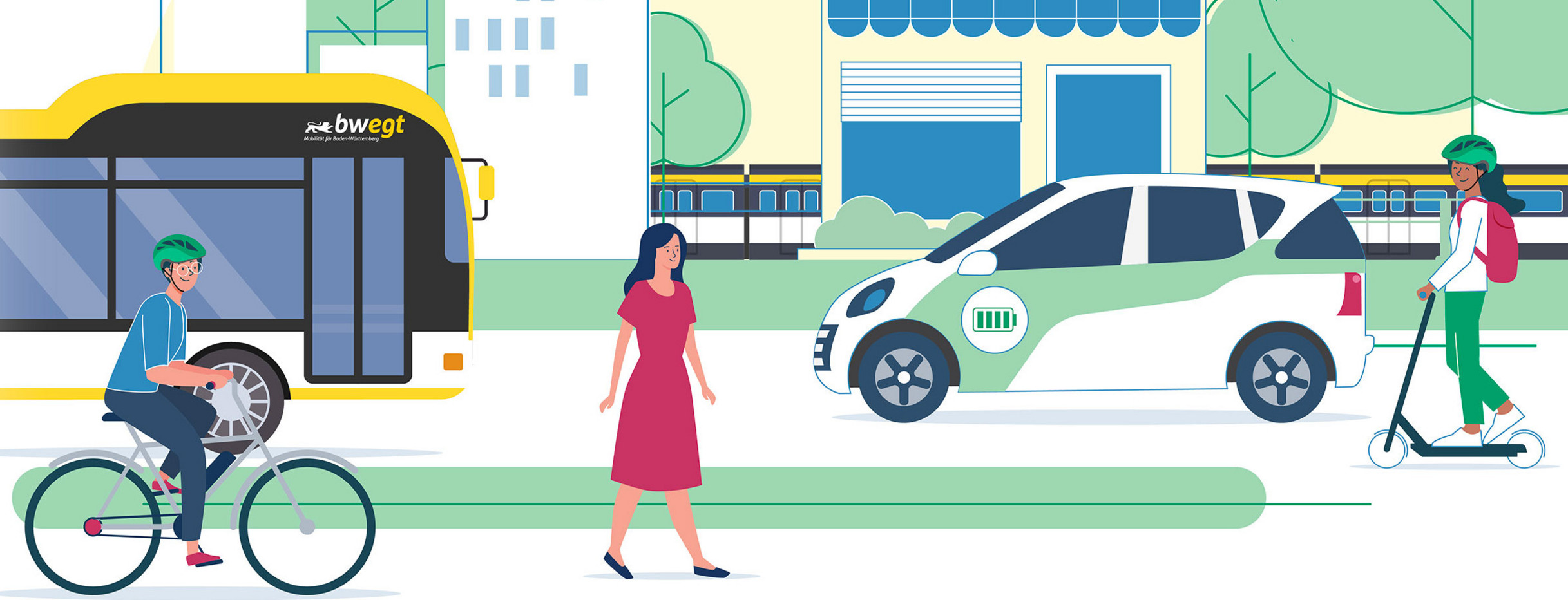 Illustrierte Bildcollage mehrer Personen mit verschiedener Fortbewegungsmitteln wie Bus und Bahn, Fahrrad, E-Auto oder E-Scooter un zu Fuß vor der Kulisse einer grünen Stadtmitte auf dem Weg zum Einkaufen oder zur Arbeit.