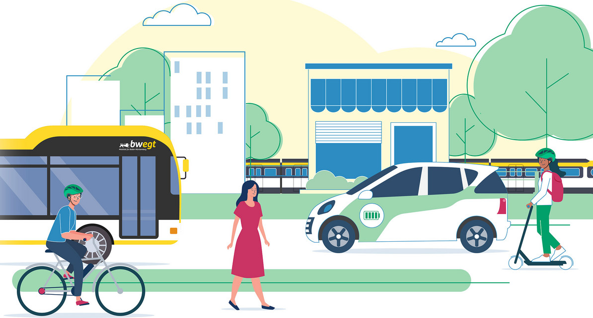 Illustrierte Bildcollage mehrer Personen mit verschiedener Fortbewegungsmitteln wie Bus und Bahn, Fahrrad, E-Auto oder E-Scooter un zu Fuß vor der Kulisse einer grünen Stadtmitte auf dem Weg zum Einkaufen oder zur Arbeit.