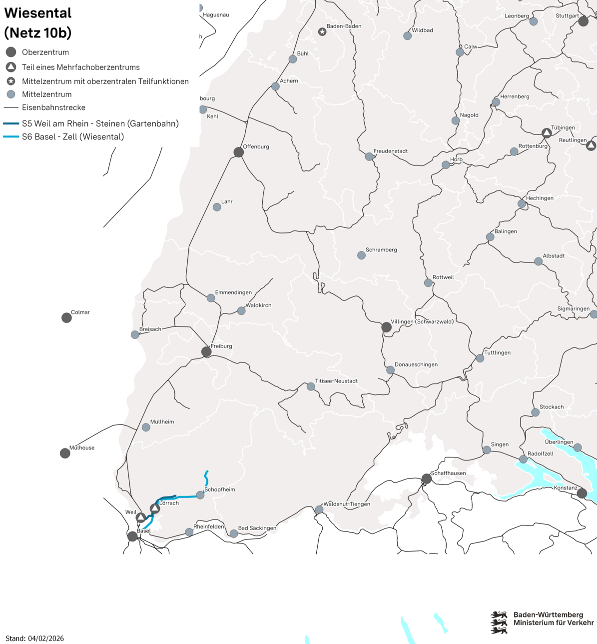 Karte des Netzes 10b: Wiesental. Eingezeichnet sind die Linien S5 Wheil am Rhein - Steinen (Gartenbahn) und die Linie S6 Basel - Zell (Wiesental). 