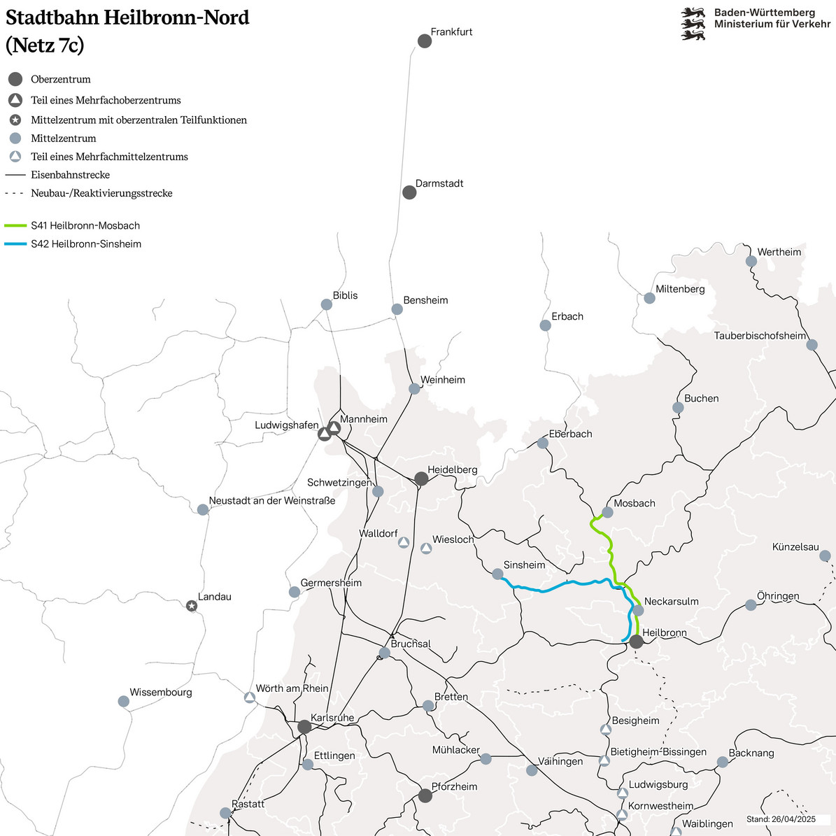 KArte des Netzes 7c: Stadtbahn Heilbronn-Nord. Eingezeichnet sind die Linien S 41 Heilbronn – Mosbach und S 42 Heilbronn – Sinsheim. 