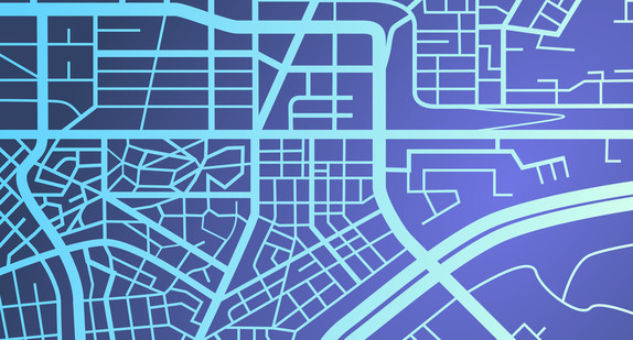 Straßen sind auf einer Karte aufgezeichnet und zeigen das Straßennetz einer Stadt