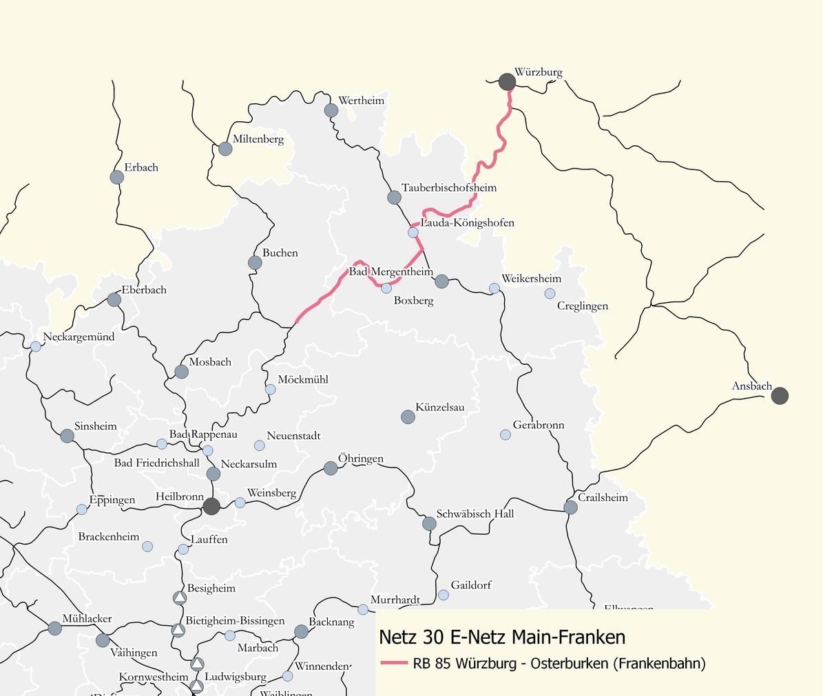 Karte des Netzes 30: E-Netz Mainfranken. Eingezeichnet ist die Linie RB 85 Würzburg – Lauda – Osterburken.