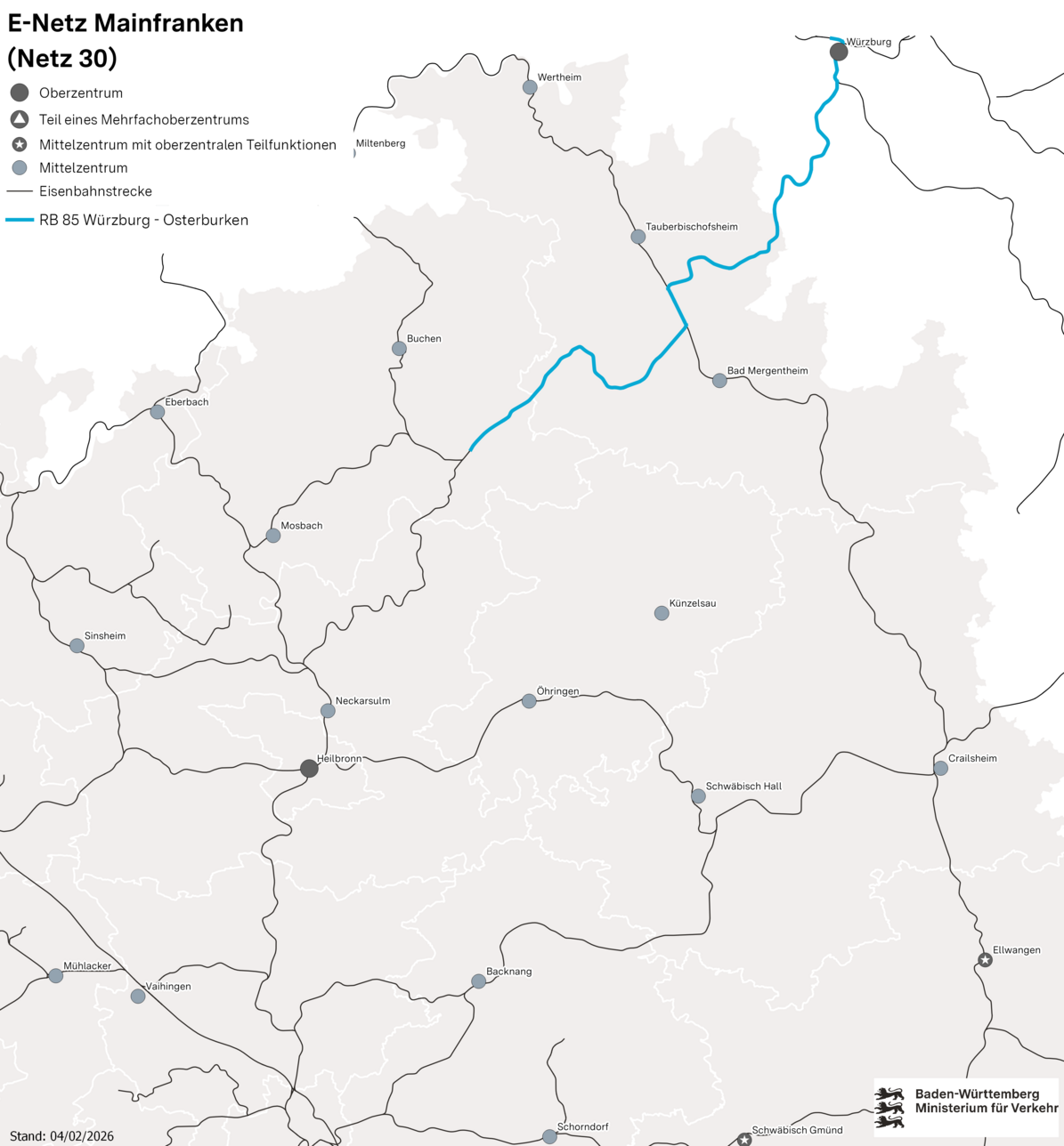 Karte des Netzes 30: E-Netz Mainfranken. Eingezeichnet ist die Linie RB 85 Würzburg – Lauda – Osterburken.