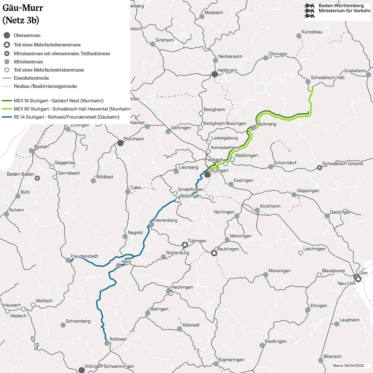 Netzkarte von Netz 3b Gäu-Murr. Die Karte zeigt die MEX-Verkehre auf der Murrbahn zwischen Schwäbisch Hall / Gaildorf West und Stuttgart sowie den RE 14 Rott-weil / Freudenstadt – Stuttgart auf der Gäubahn. 