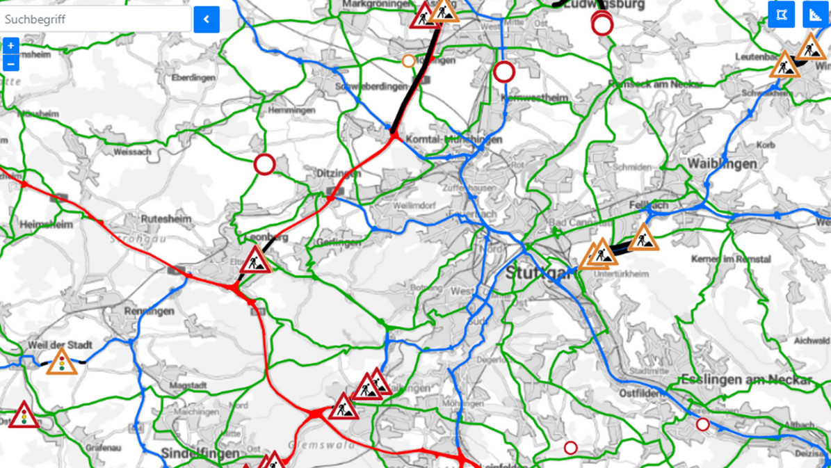 Karte eines Straßennetzes mit eingeblendeten Baustellen.