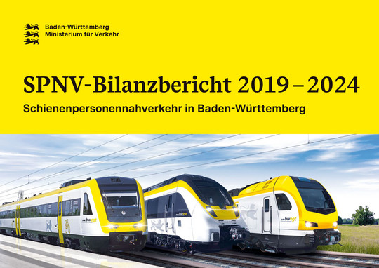 Titelseite einer Broschüre mit Zügen. Titel SPNV-Bilanzbericht 2019 bis 2024.
