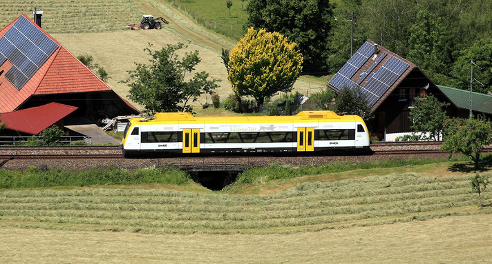 Netz 8b Europabahn Gelb-weißer Zug der Ortenau-S-Bahn fährt entlang einer Bahnstrecke.